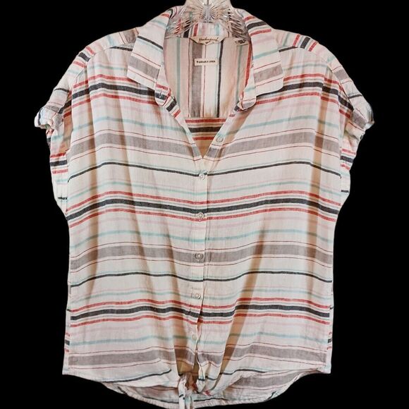 Weatherproof Vintage XS Linen Blend Tie Front Shirt Striped Button Up Pastel Sum - Picture 2 of 7